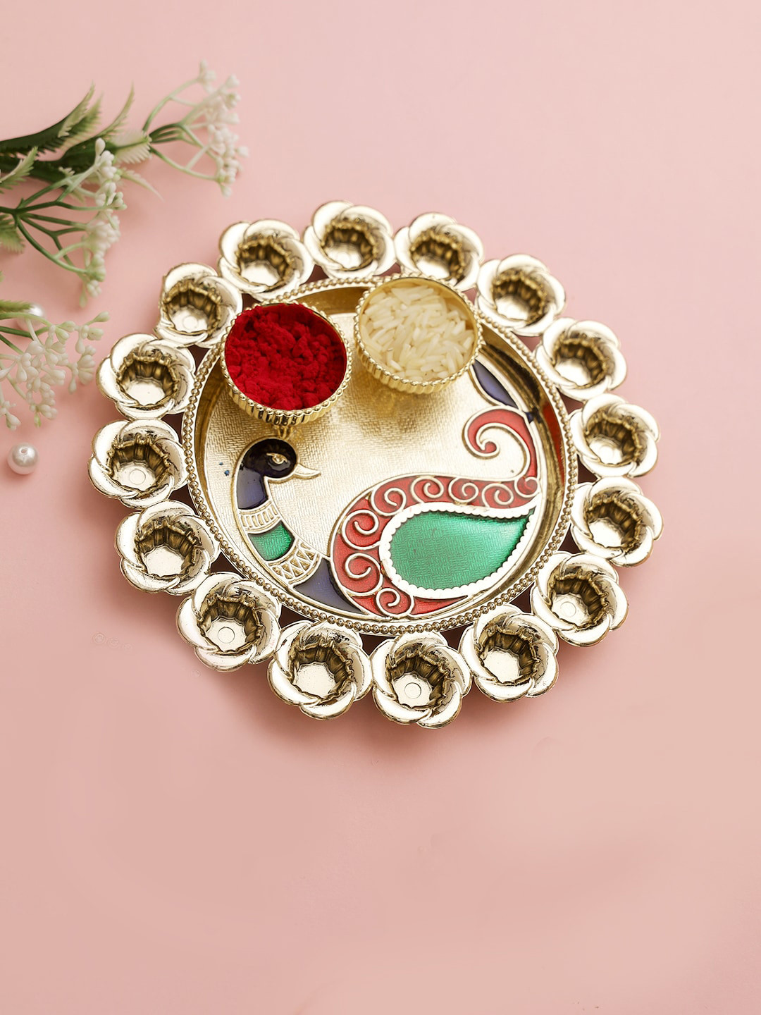 Aapno Rajasthan Gold-Toned & Red Peacock Motif Decorative Pooja Thali