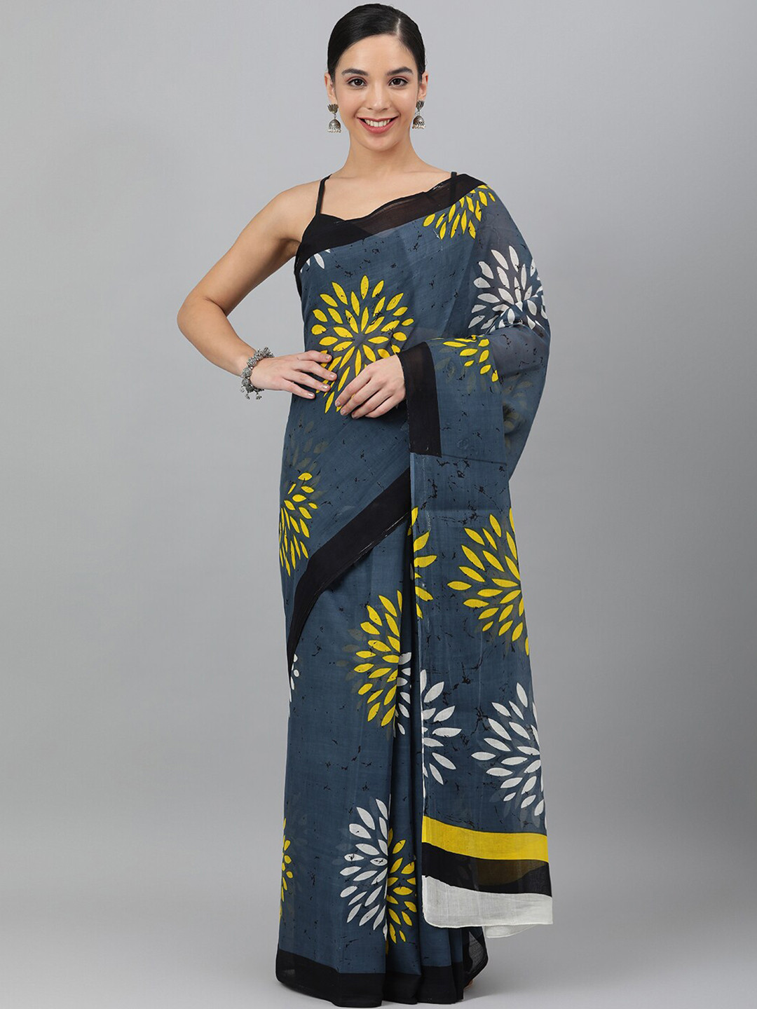 Ragavi Blue & Yellow Floral Printed Pure Cotton Saree