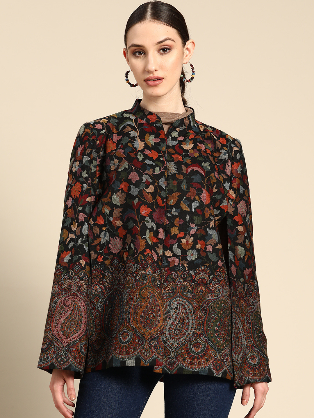 Sangria Women Black Floral Cape Jacket