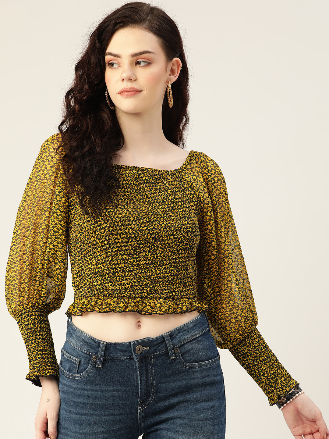 Antheaa Black & Mustard Printed Smocked Chiffon Crop Top