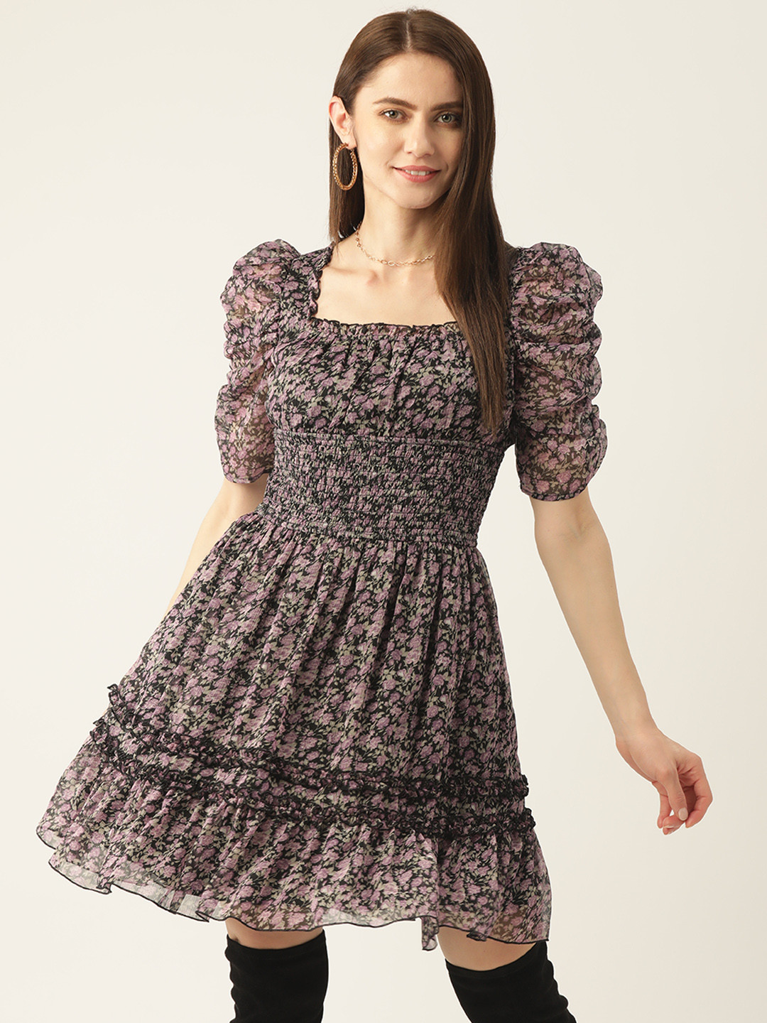 Antheaa Lavender Floral Smocked Chiffon Dress