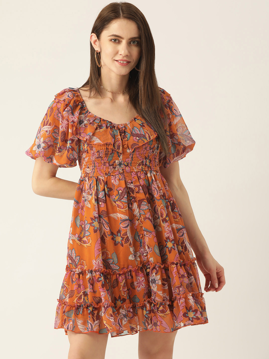 Antheaa Orange & Pink Floral Chiffon Smocked Tiered Dress