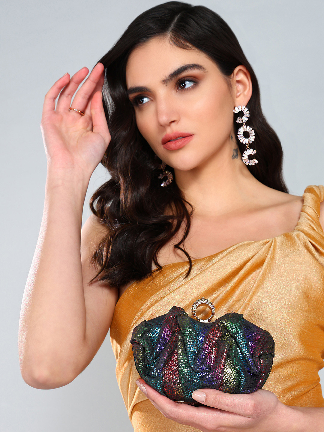 Sassora Gold-Toned & Red Embellished Embellished Potli Clutch