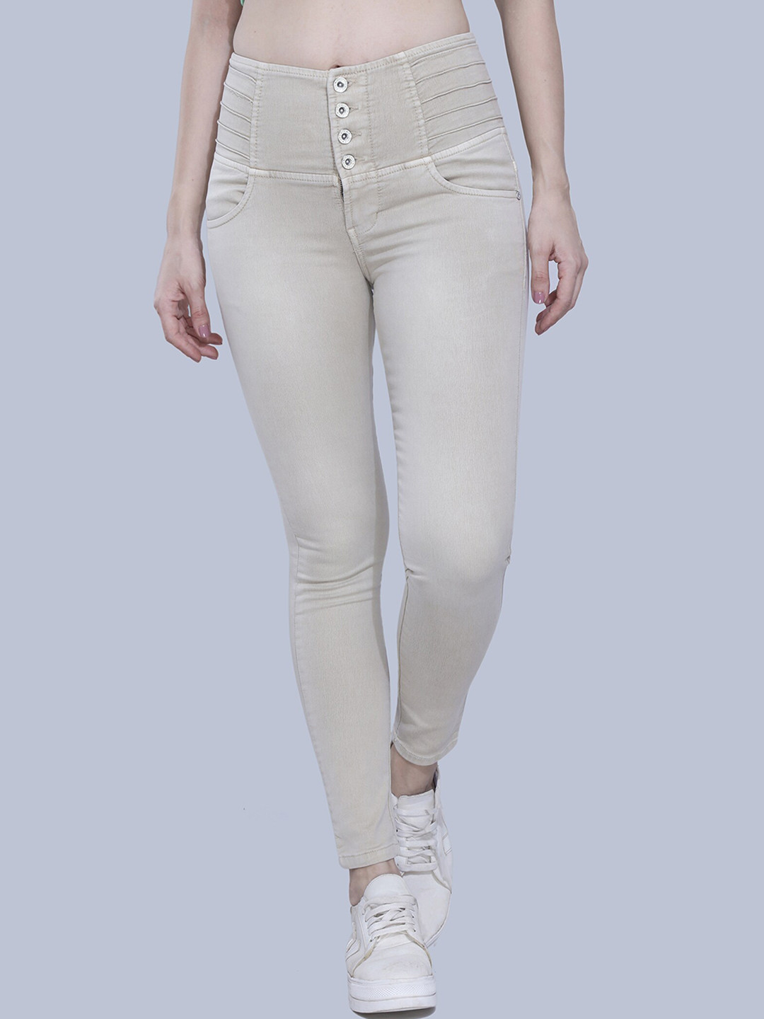 FCK-3 Women Beige Hottie High-Rise Heavy Fade Embroidered Stretchable Jeans