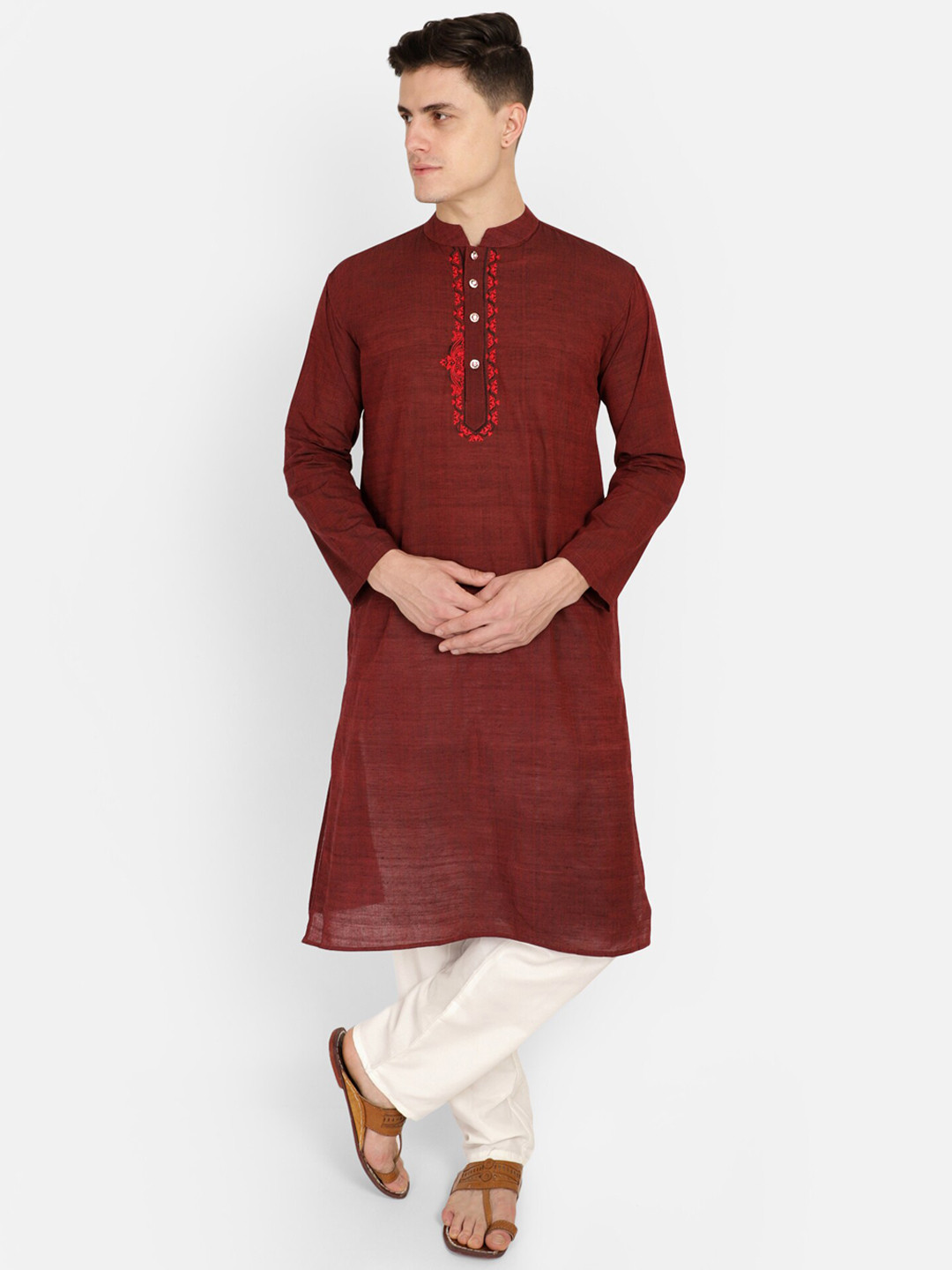 PAROKSH Men Maroon Thread Work Grandeur & Majestic Artwork Khadi Handloom Kurta