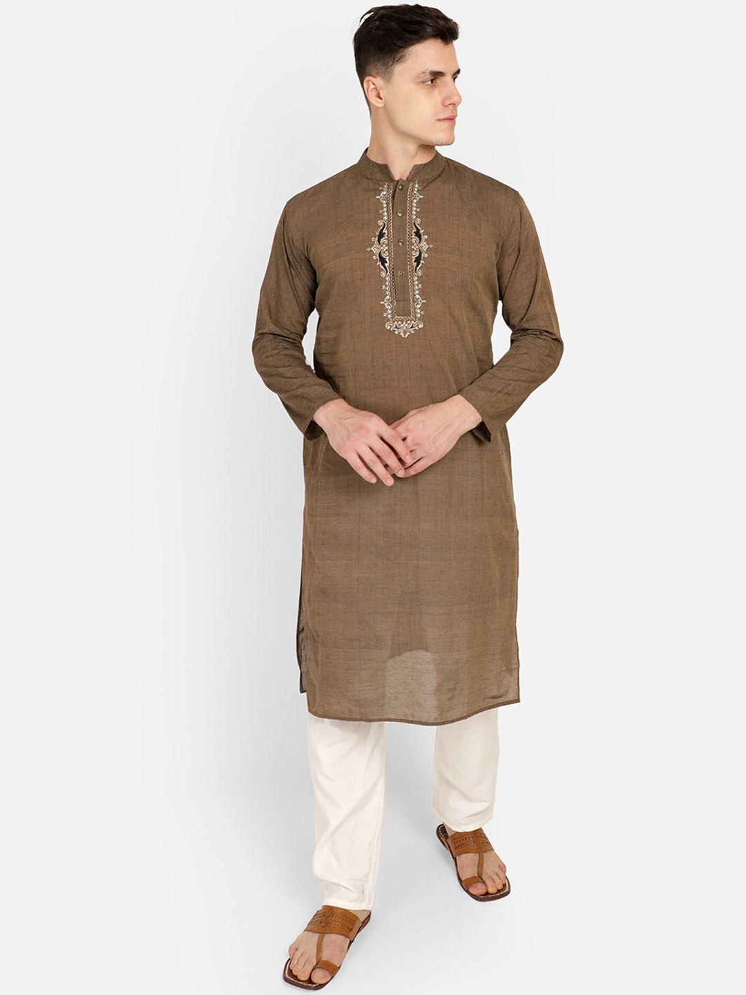 PAROKSH Men Brown Embroidered Thread Work Grandeur & Majestic Artwork Khadi Handloom Kurta
