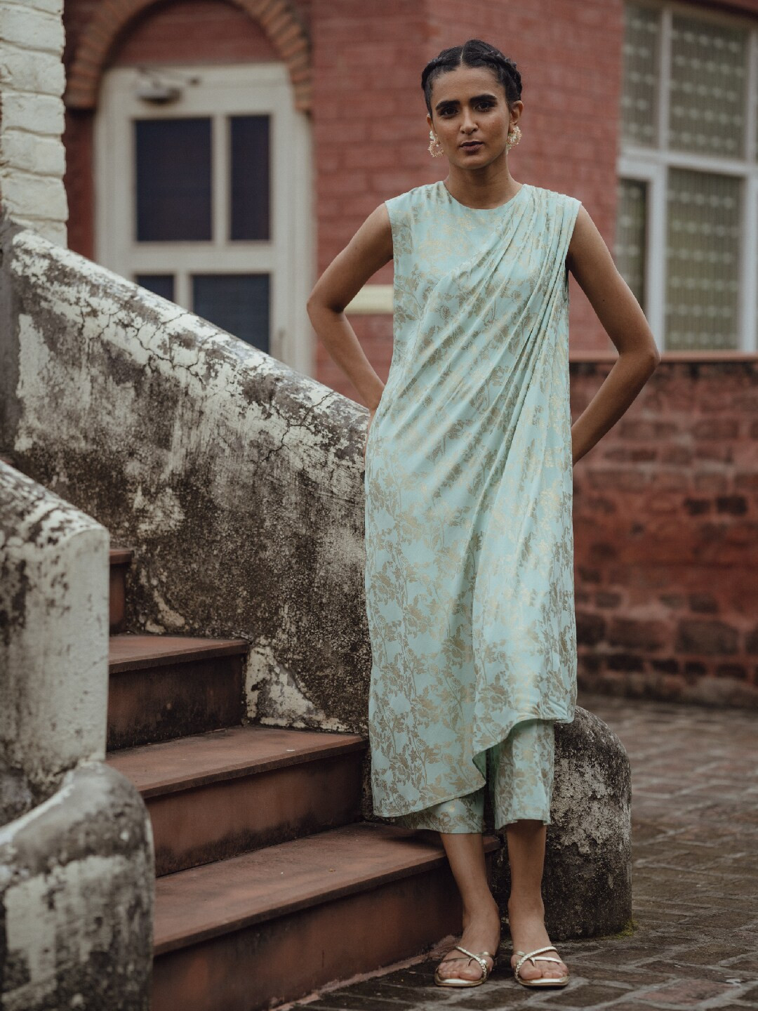 W Women Sea Green & Gold-Toned Printed Basic Layered Jumpsuit