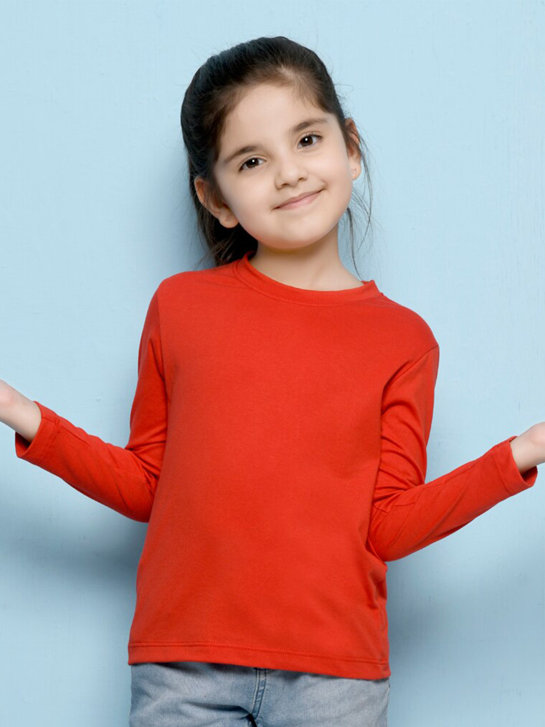 NUSYL Girls Red High Neck Drop-Shoulder Sleeves T-shirt