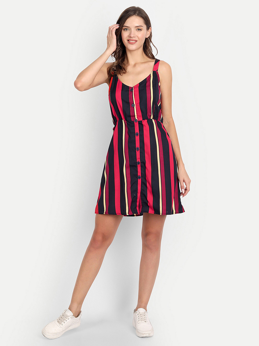 D 'VESH Navy Blue Striped Crepe Dress