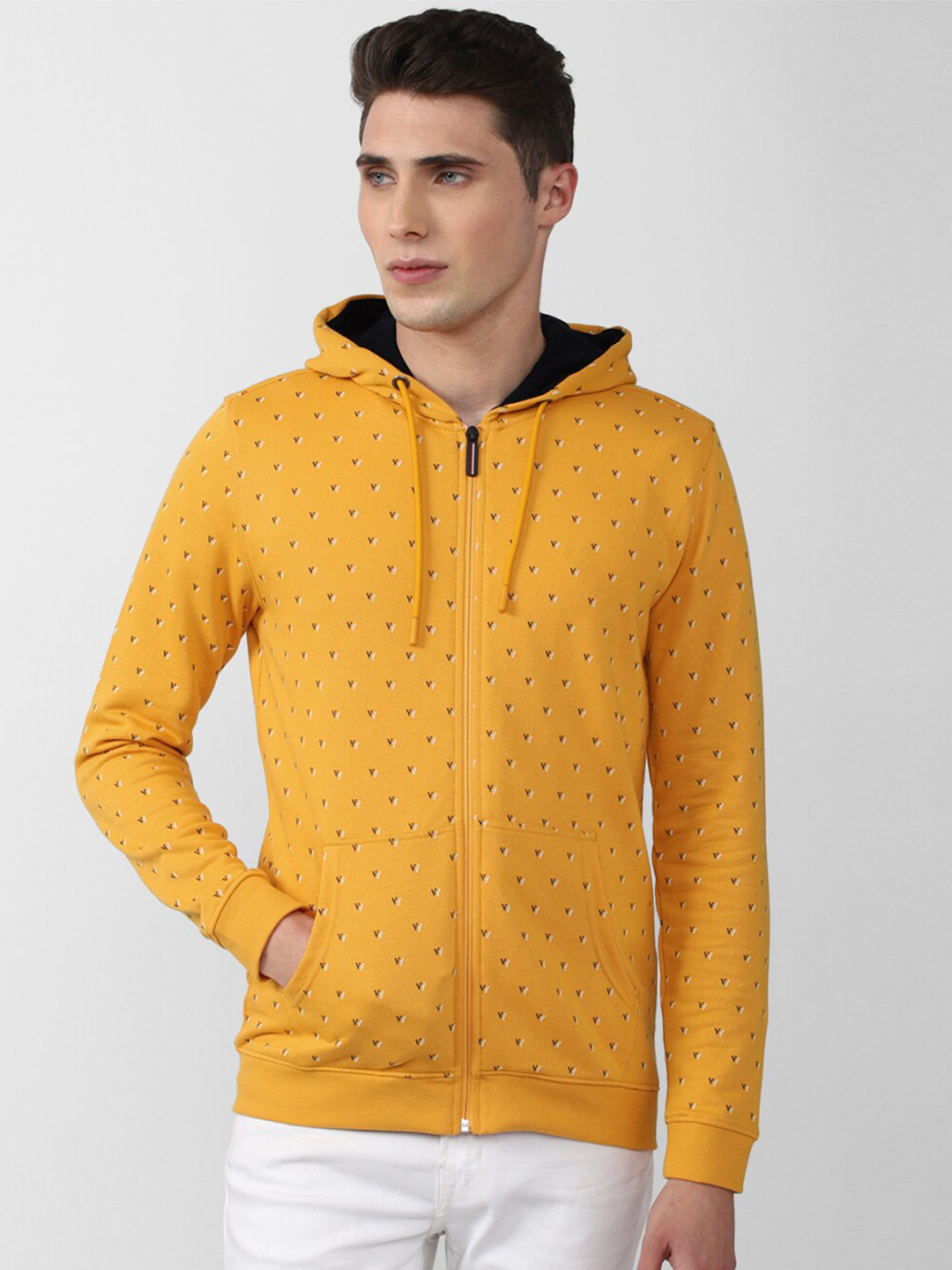 Van Heusen Sport Men Yellow Cotton Printed Hooded Sweatshirt