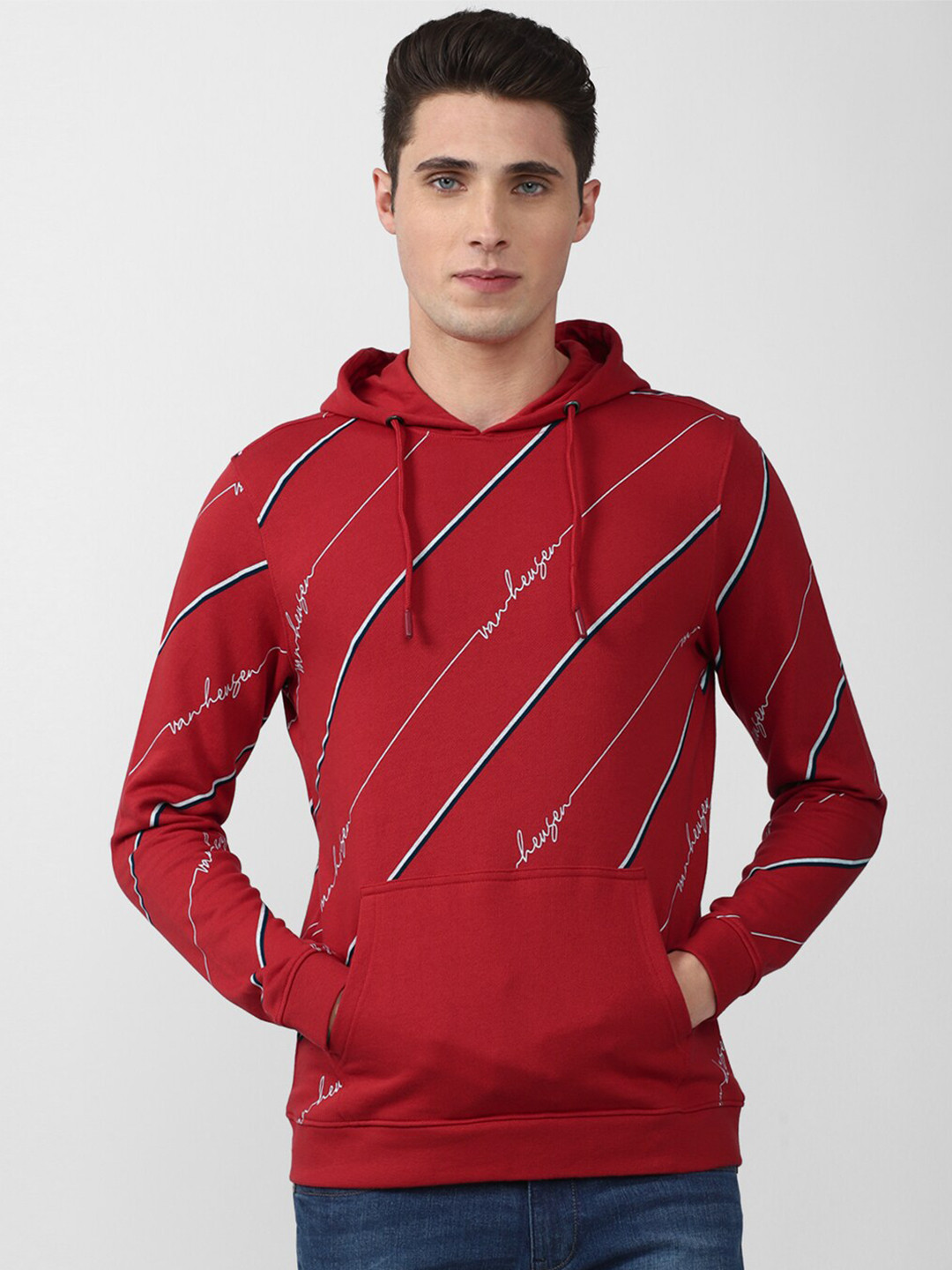 Van Heusen Sport Men Red Printed Hooded Sweatshirt
