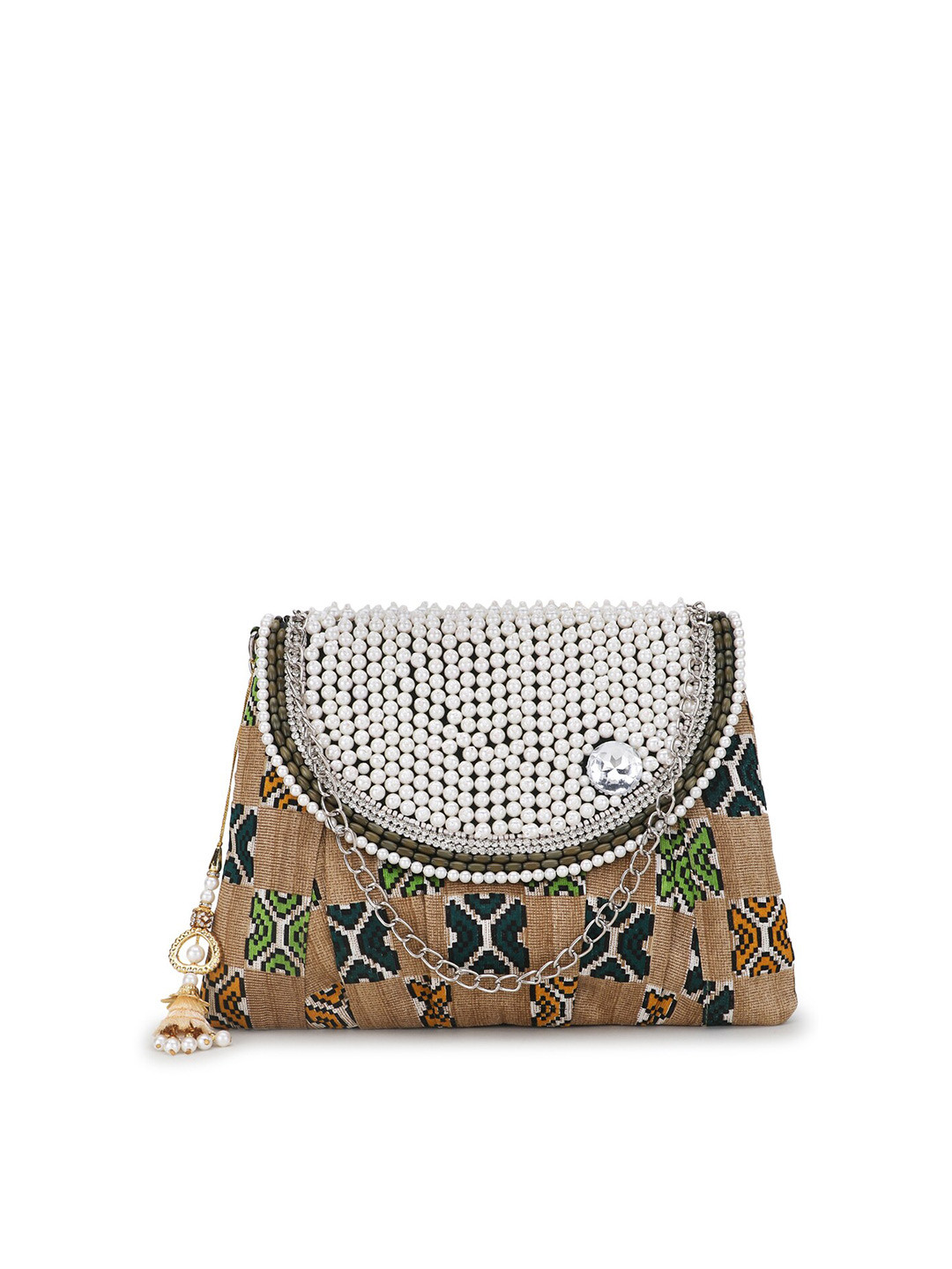 Spice Art Beige & White Embroidered Tasselled Envelope Clutch