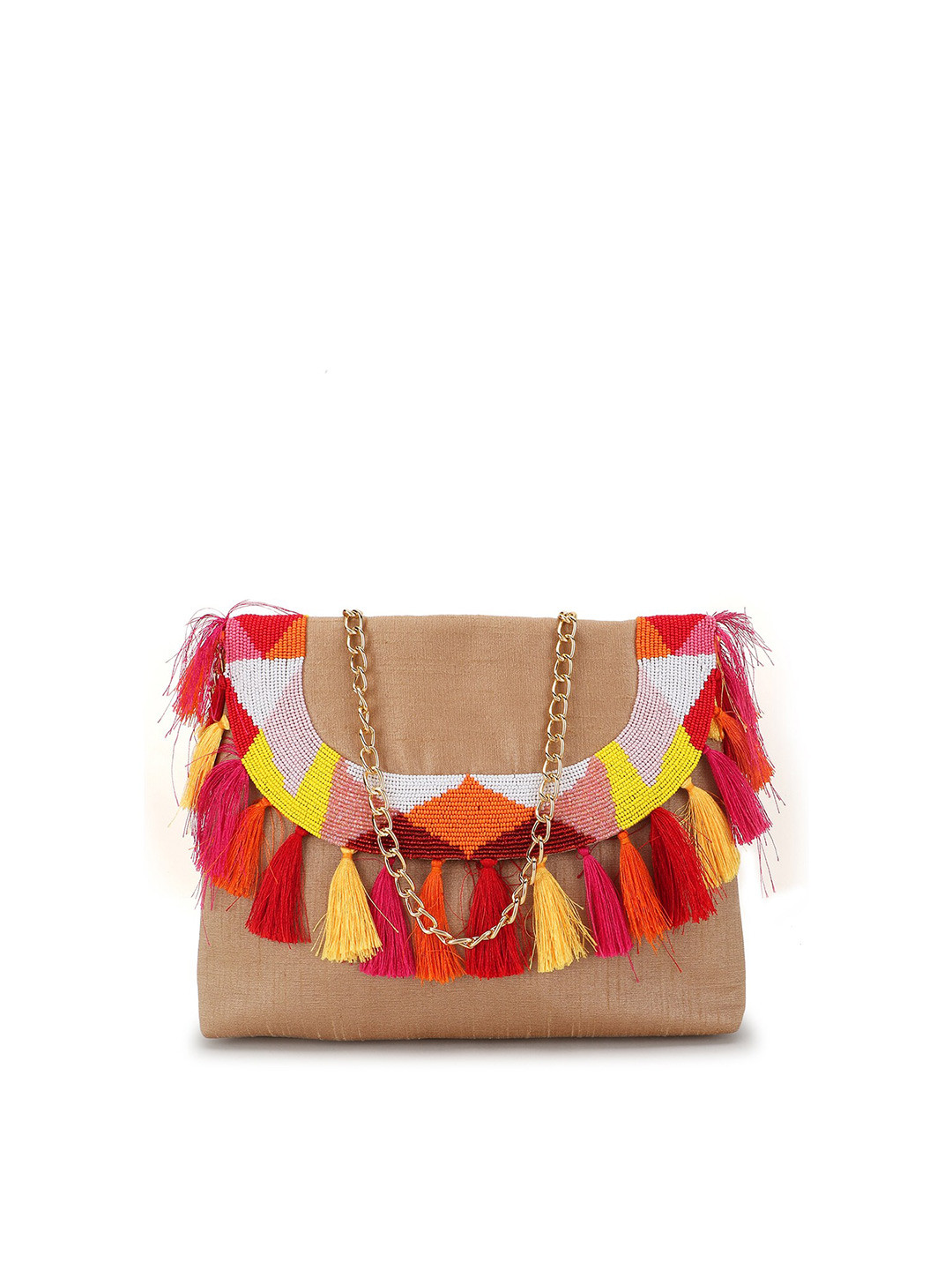 Spice Art Gold-Toned & Red Embroidered Tasselled Envelope Clutch