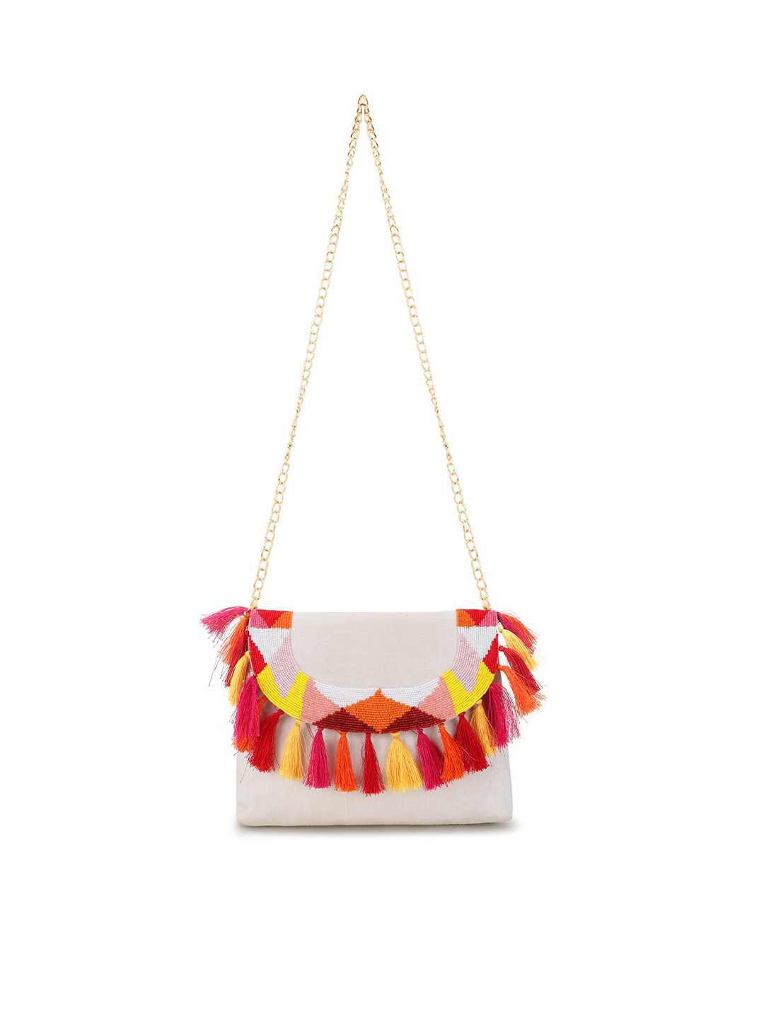 Spice Art White & Pink Embroidered Tasselled Envelope Clutch