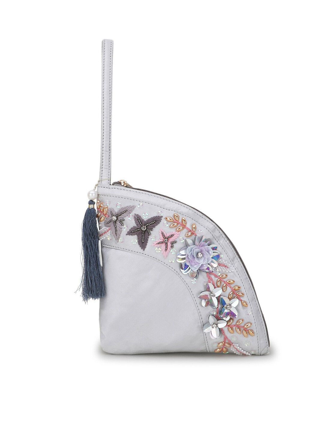 Spice Art Silver-Toned & Pink Embroidered Tasselled Clutch