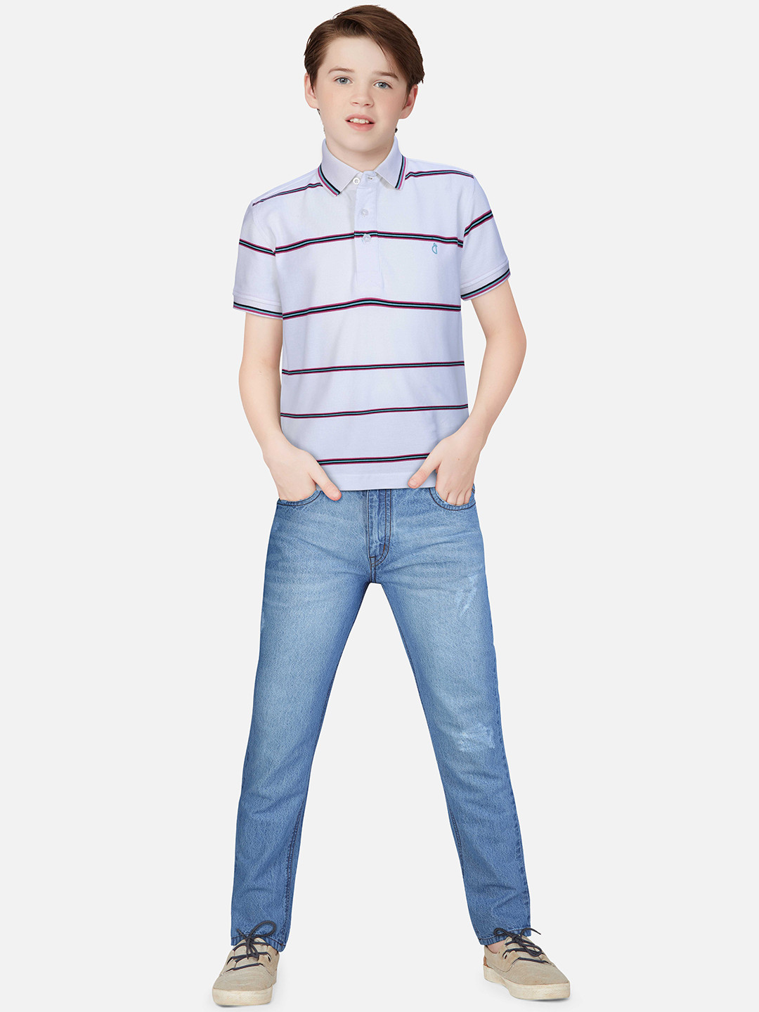 Gini and Jony Boys White & Purple Striped Polo Collar T-shirt