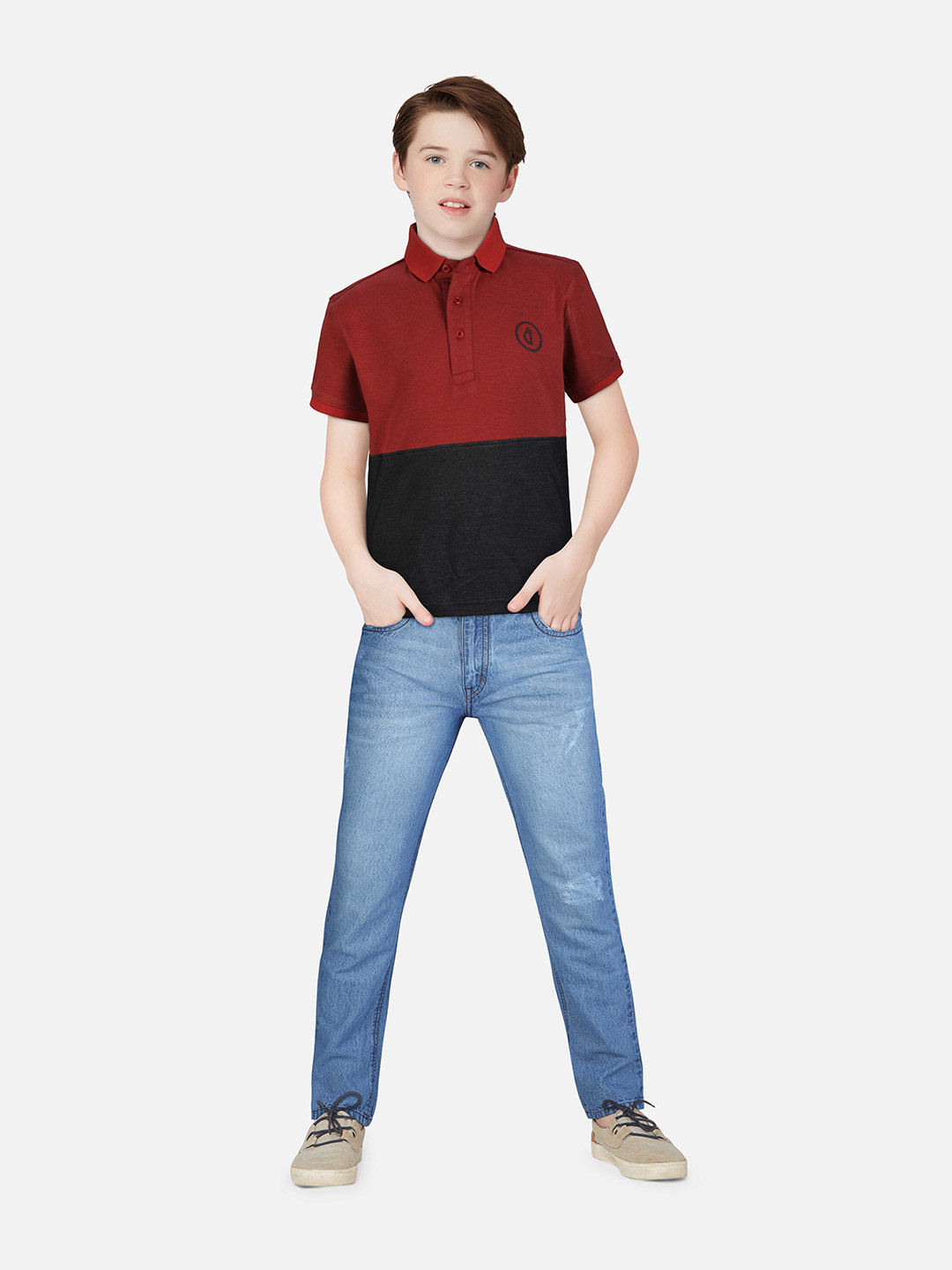 Gini and Jony Boys Red & Black Colourblocked Polo Collar Cotton T-shirt