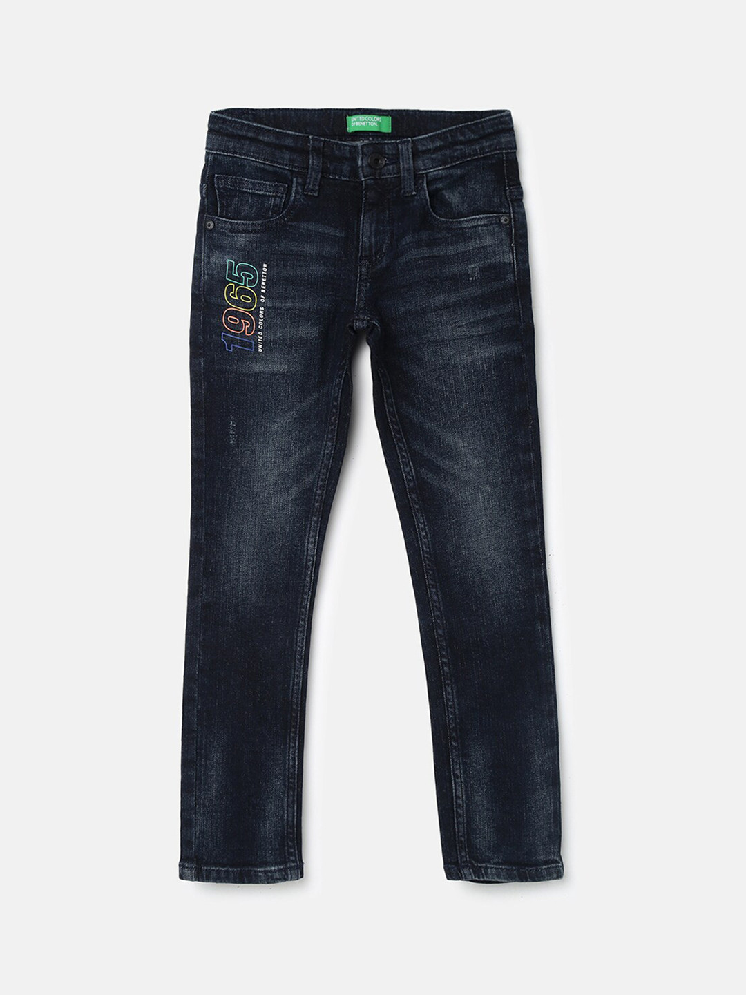 United Colors of Benetton Boys Navy Blue Slim Fit Low Distress Light Fade Jeans