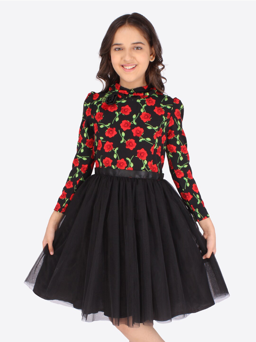CUTECUMBER Girls Black & Red Floral Printed Fit and Flare Dress