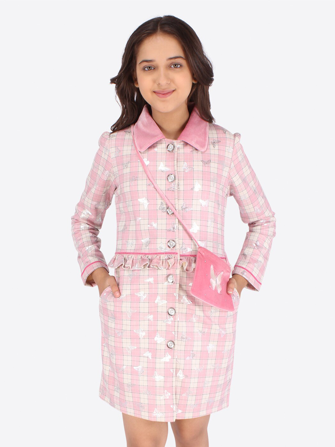 CUTECUMBER Girls Pink & White Checked Velvet Shirt Style Dress