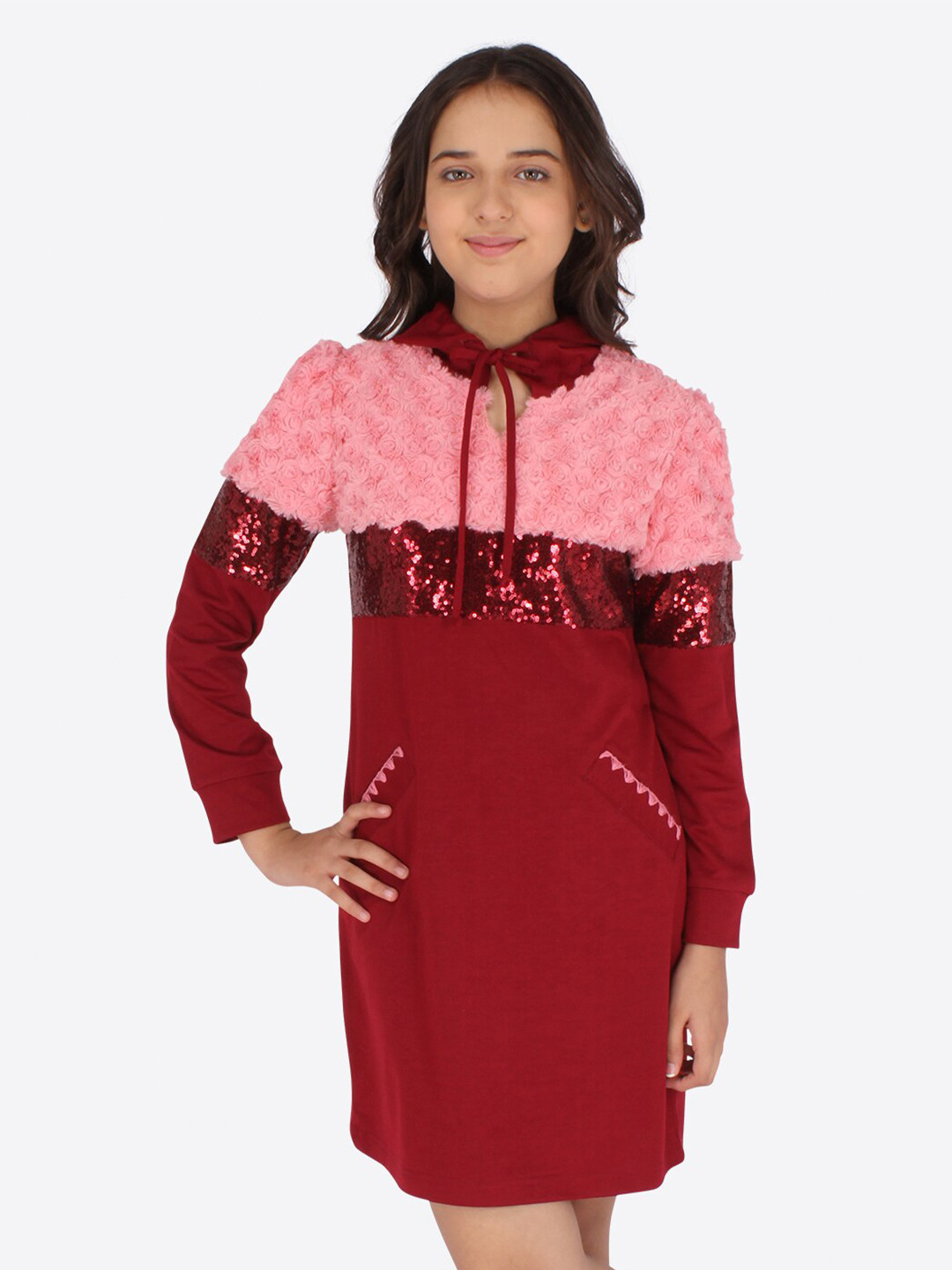 CUTECUMBER Girls Maroon & Pink Embellished Hood Sheath Dress