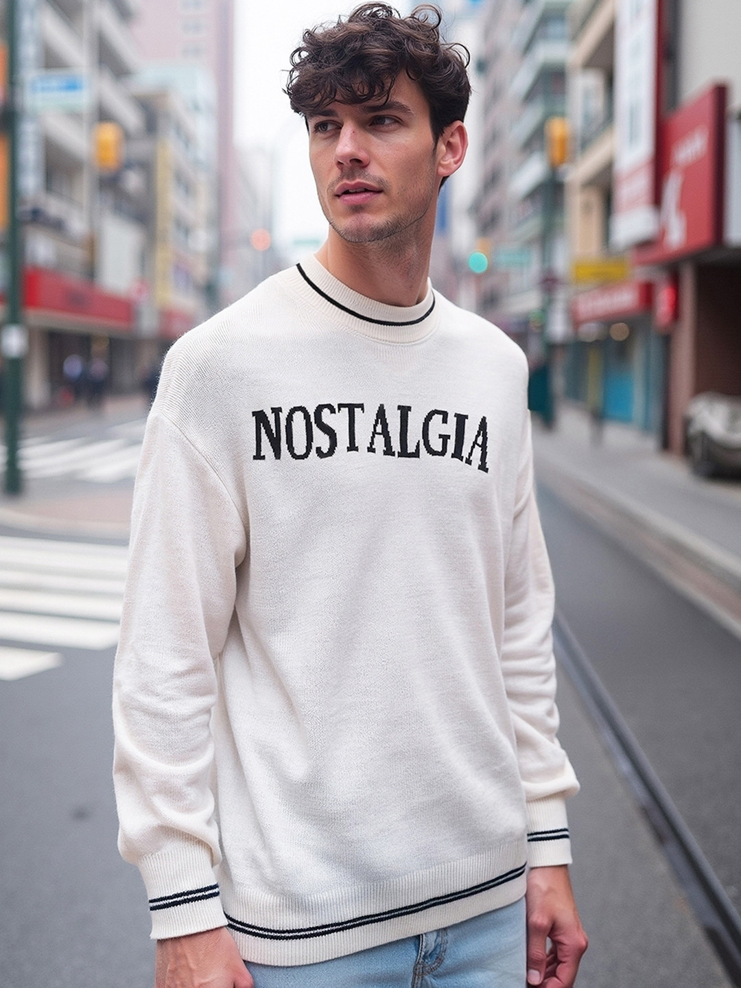 Bewakoof Men Gardenia Nostalgia Typography Oversized Sweater