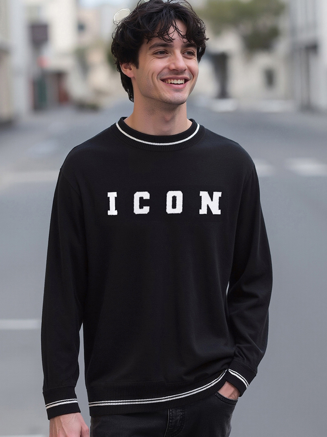 Bewakoof Men Jet Black ICON Typography Oversized Sweater