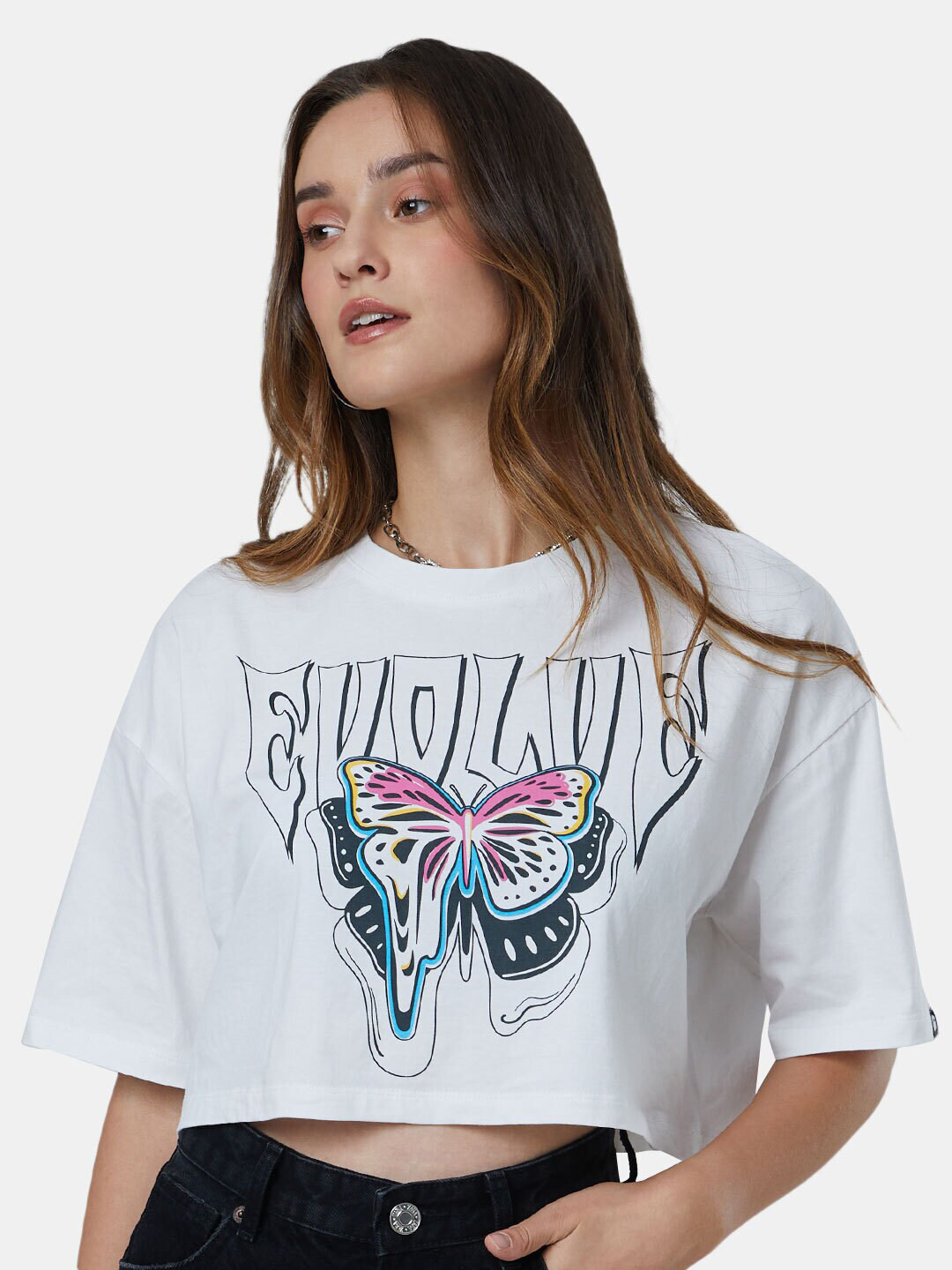 The Souled Store Women White Printed Boxy Cotton Oversized T-shirt