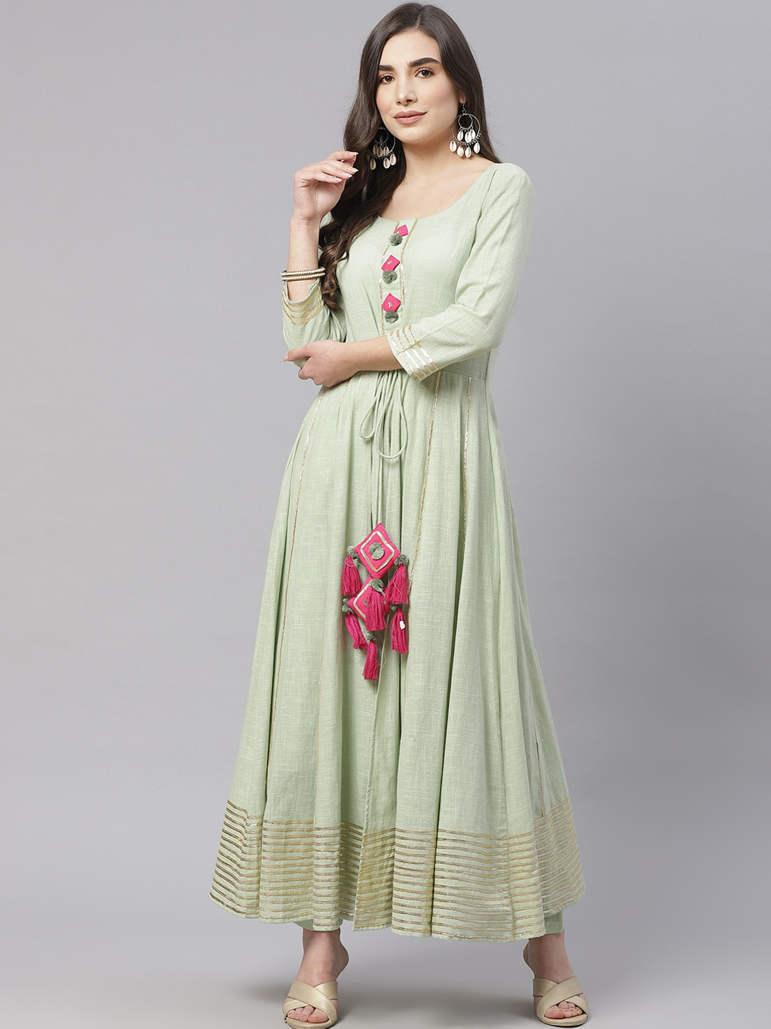 Divena Women Green Pure Cotton Anarkali Kurta with Trousers