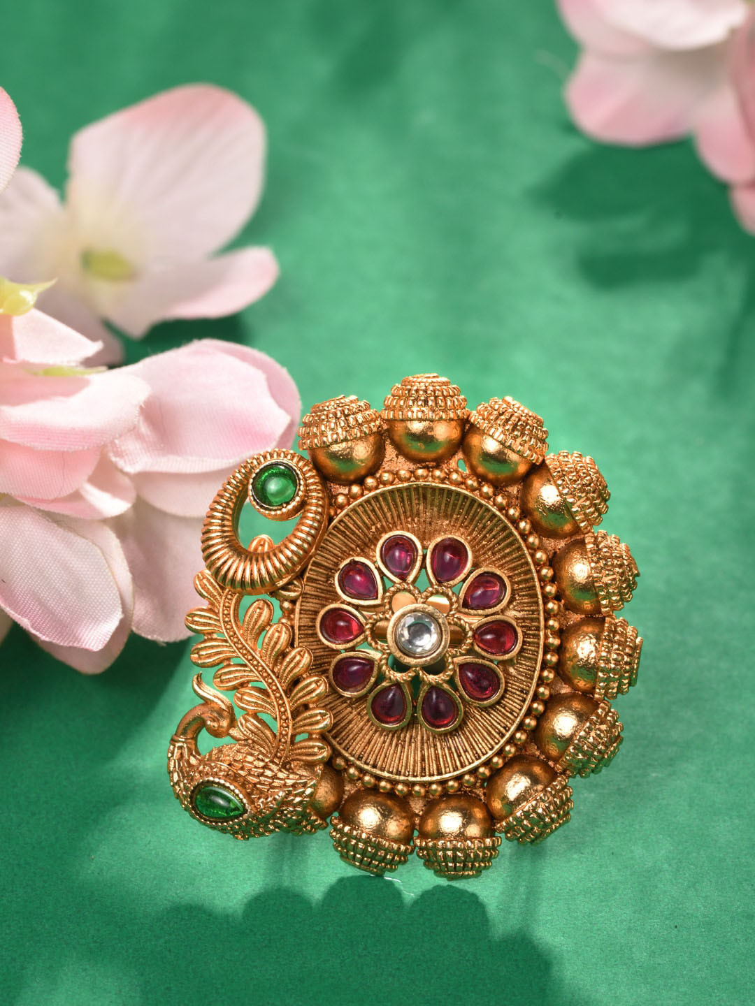 Saraf RS Jewellery Women Red & Gold-Plated AD Peacock Statement Adjustable Finger Ring