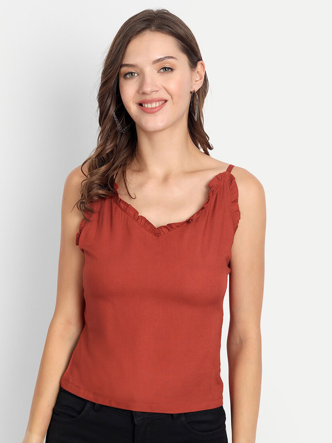 D 'VESH Women Rust Solid V-Neck Top