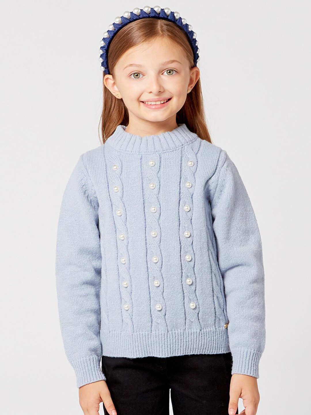 One Friday Girls Blue & White Cable Knit Pullover