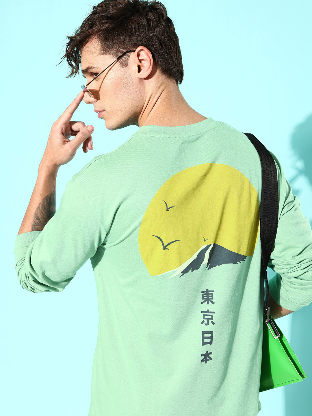 Difference of Opinion Men Sea Green Printed Pure Cotton Oversized T-shirt