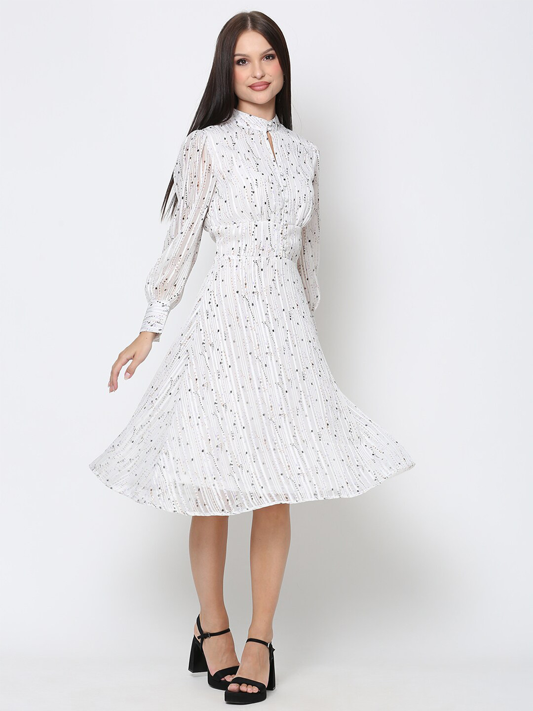 DRIRO White Poly Satin A-Line Midi Dress