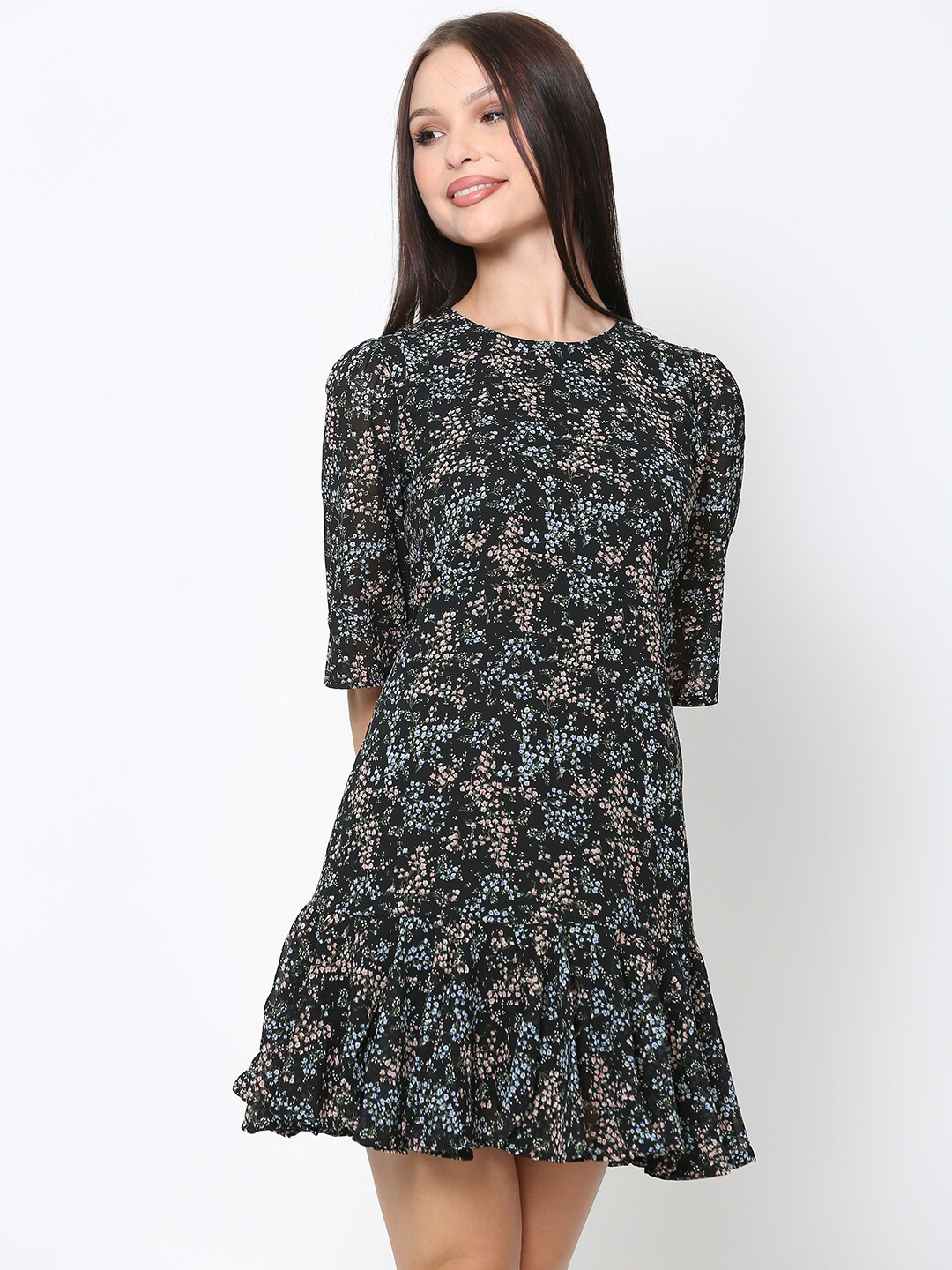 DRIRO Black & Peach-Coloured Floral Print Drop-Waist Mini Dress