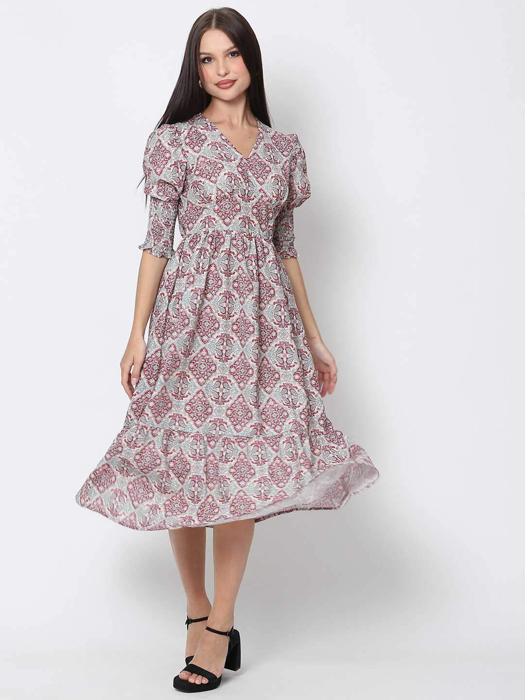 DRIRO Off White & Red Ethnic Motifs Printed Crepe A-Line Midi Dress