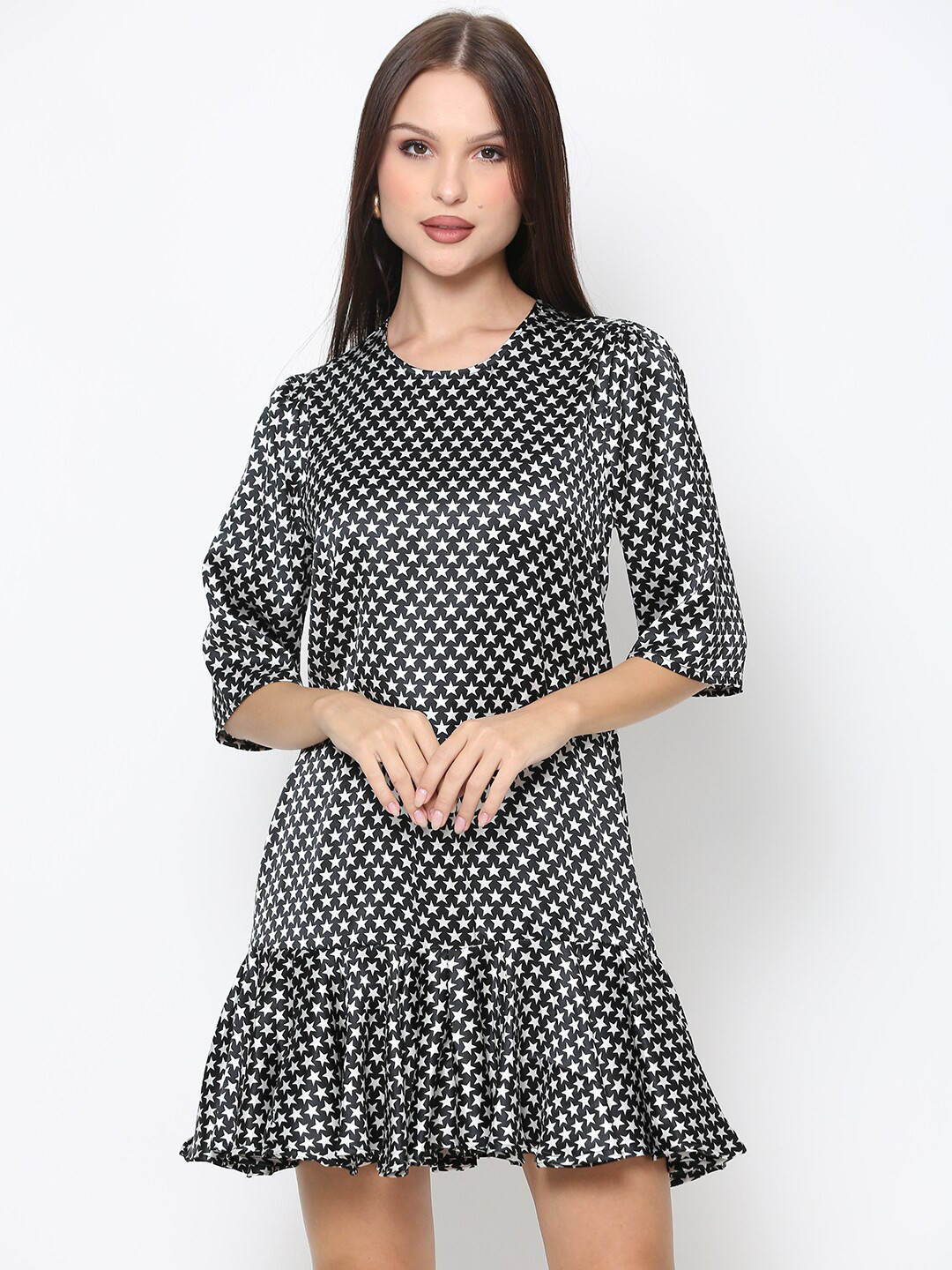 DRIRO Black & White Star Print Drop-Waist Mini Dress