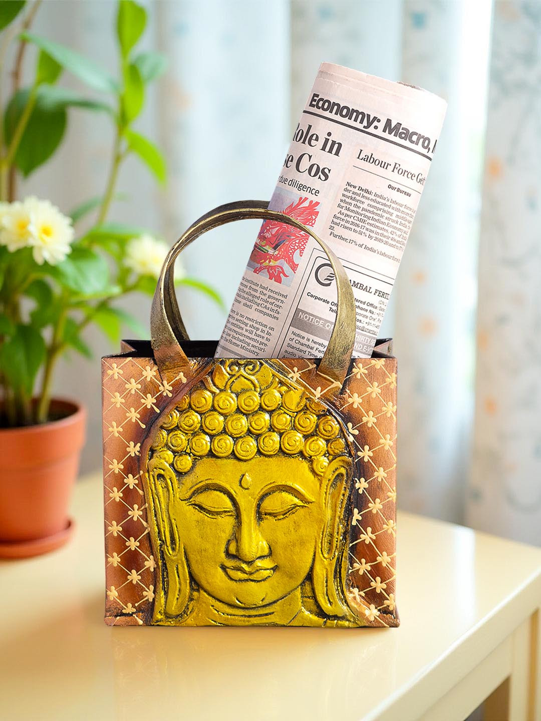 Golden Peacock Gold-Toned Buddha Embossed Metal Showpiece