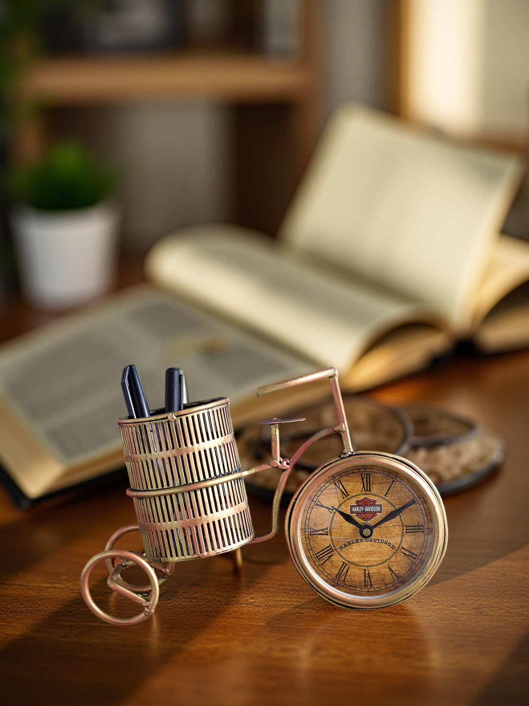 Golden Peacock Gold-Toned Clock With Cycle Pen Stand Showpiece
