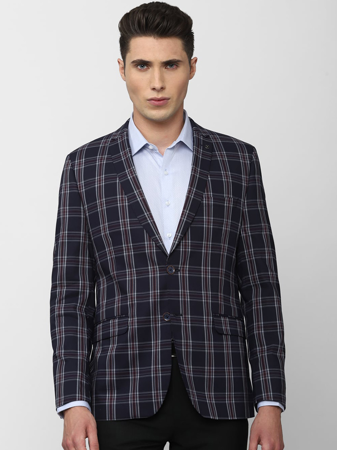 Van Heusen Men Navy-Blue & White Checked Slim-Fit Single-Breasted Formal Blazer