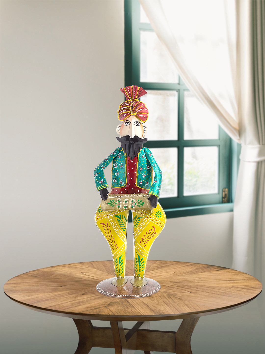 Golden Peacock Sardar Musicians Blue Metal Metallic Living Room Hand-Crafted Medium Showpiece - 14 Inches