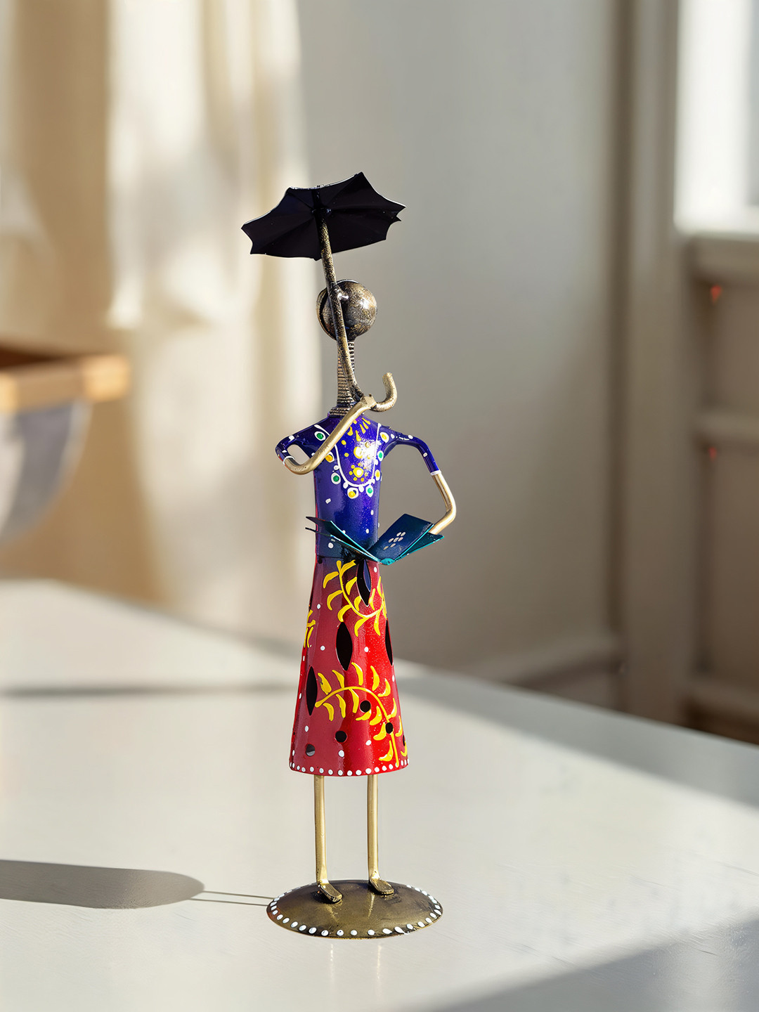 Golden Peacock Lady with Umbrella Blue Metal Metallic Living Room Hand-Crafted Medium Showpiece - 12.2 Inches