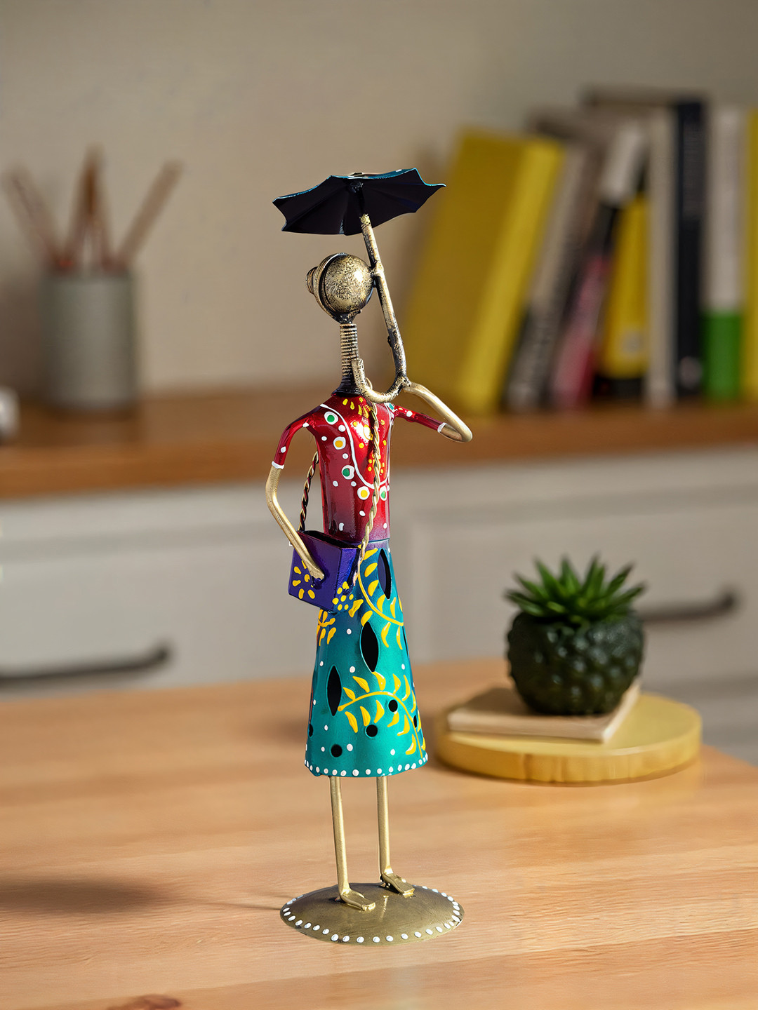 Golden Peacock Lady with Umbrella Gold Metal Metallic Living Room Hand-Painted Medium Showpiece - 14.2 Inches