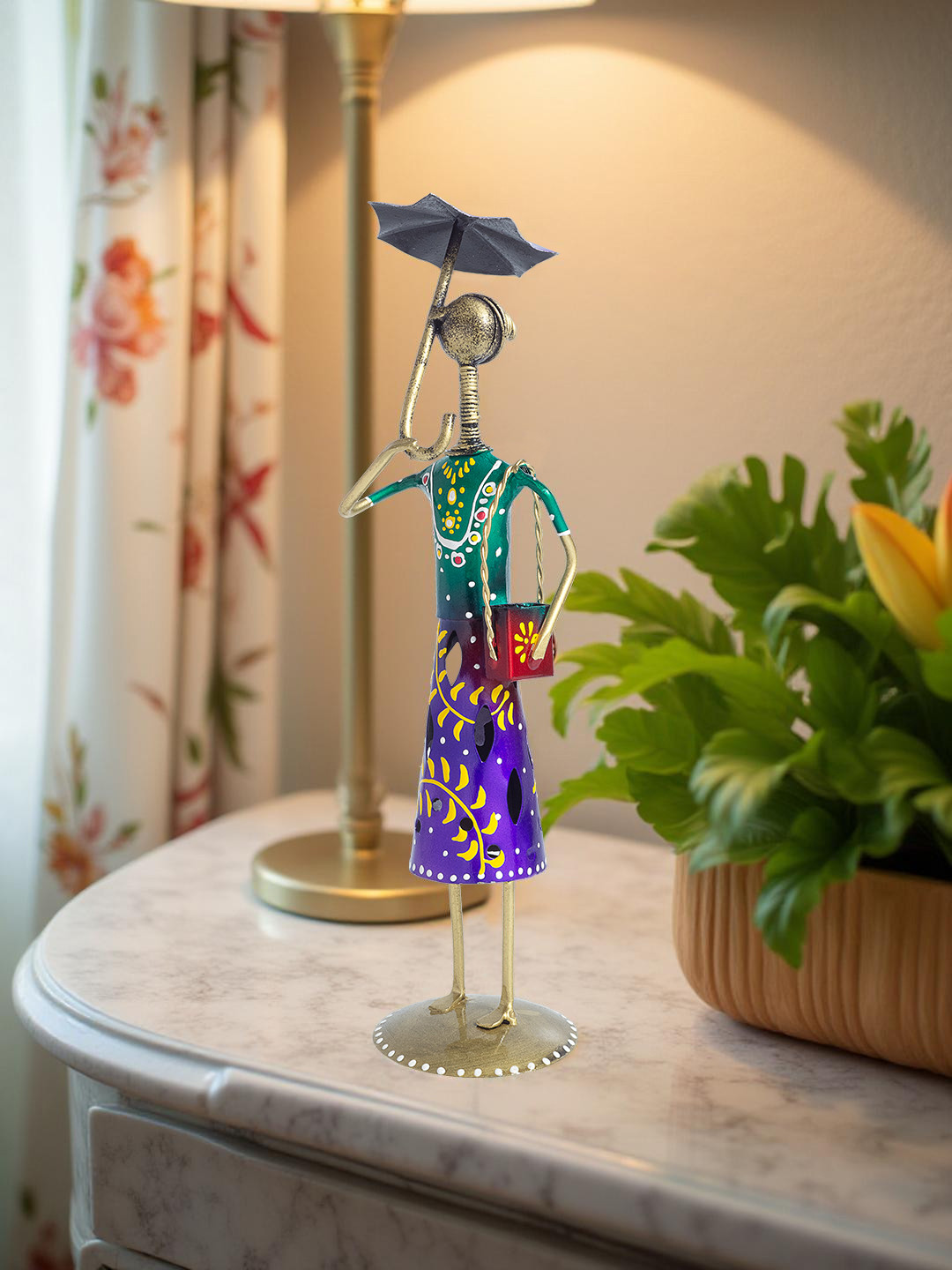 Golden Peacock Lady with Umbrella Green Metal Metallic Living Room Hand-Painted Medium Showpiece - 11.8 Inches