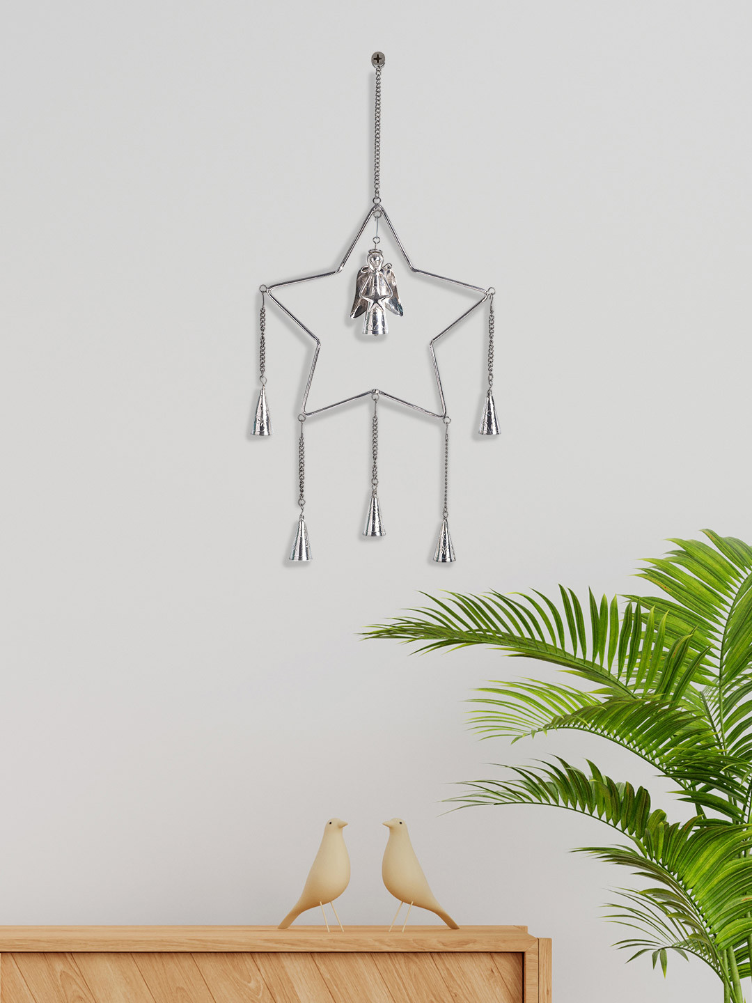 Golden Peacock Star Shaped 5 Bells with Pretty Angel Windchime Metal Tapestries & Macrame-24.4In