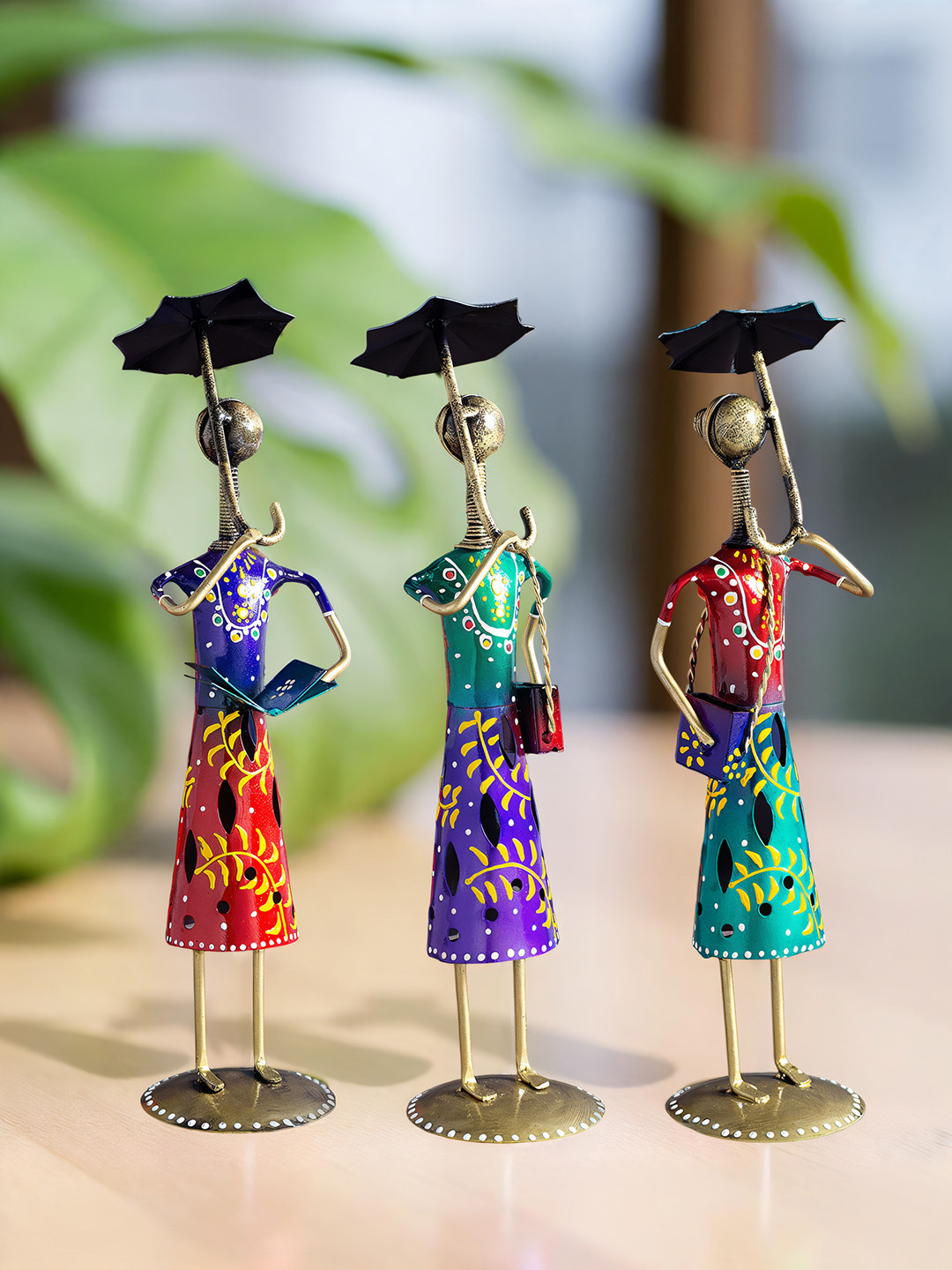 Golden Peacock Lady with Umbrella Blue Metal Metallic Living Room Hand-Crafted Set of 3 Medium Showpieces - 12.2 Inches