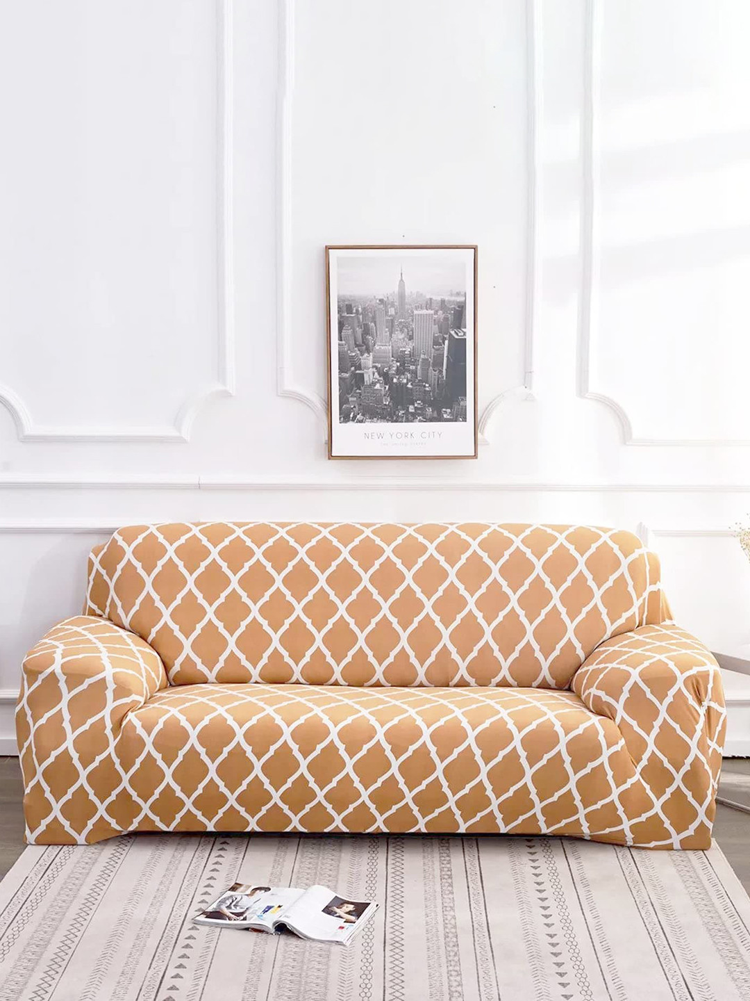 HOUSE OF QUIRK 3 Seater Beige Printed Sofa Cover