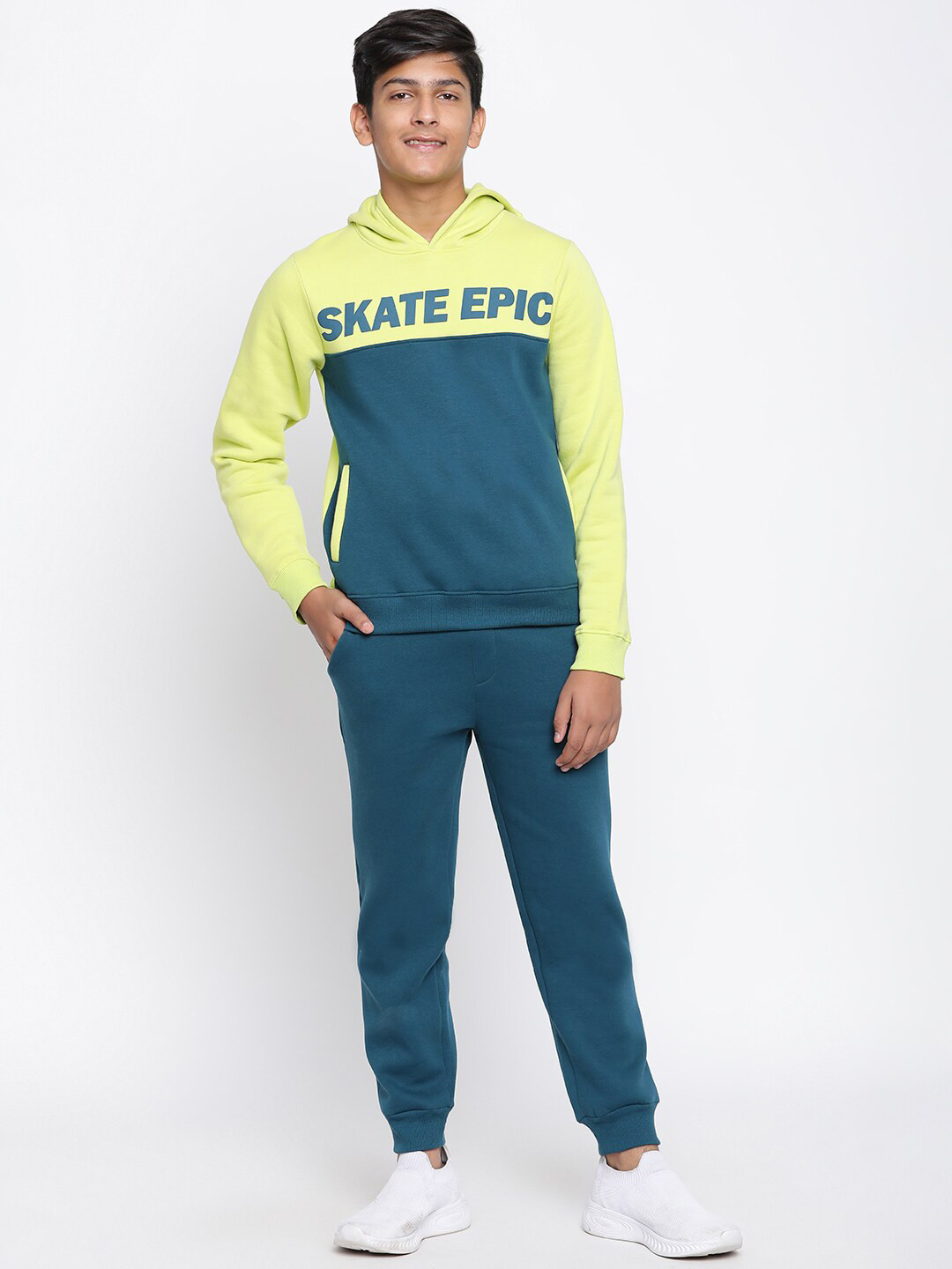 Lil Tomatoes Boys Lime Green & Teal Blue Printed Cotton Tracksuits