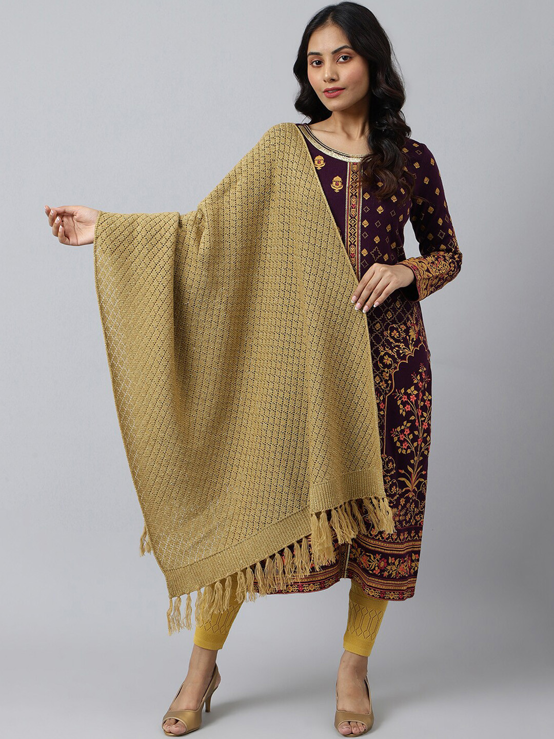 AURELIA Women Gold Colour Woven Designed Acrylic Shawl