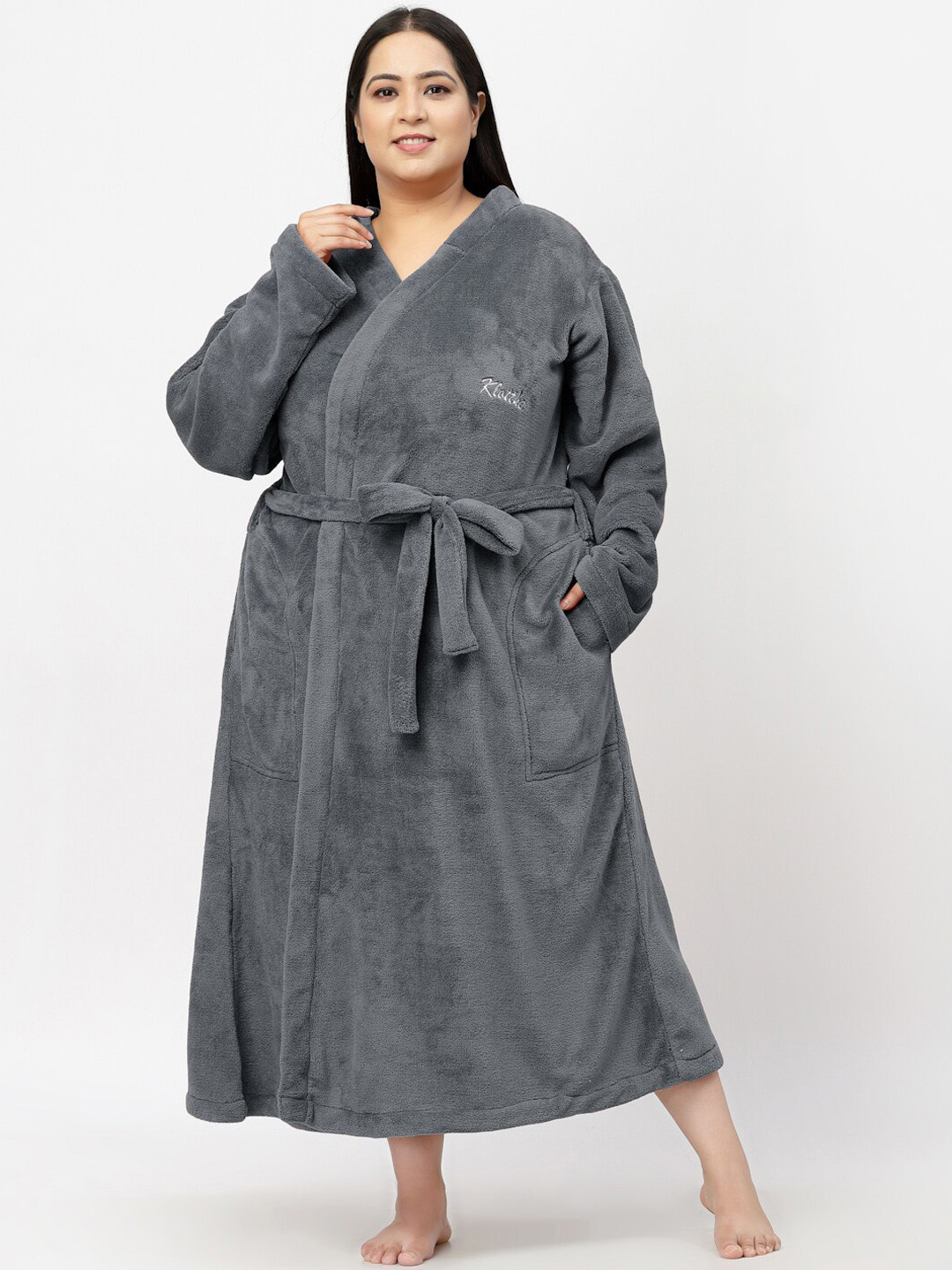 KLOTTHE Grey Solid Wool Drawstring Midi Bath Robe-2XL